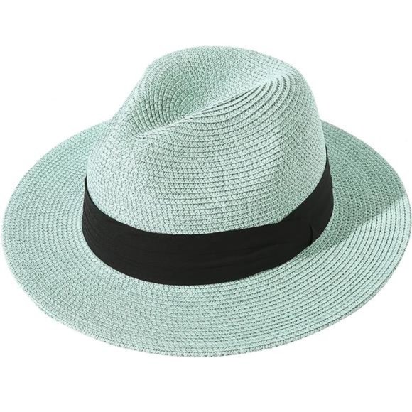 Women Wide Brim Straw Panama Roll up Hat Mint Green